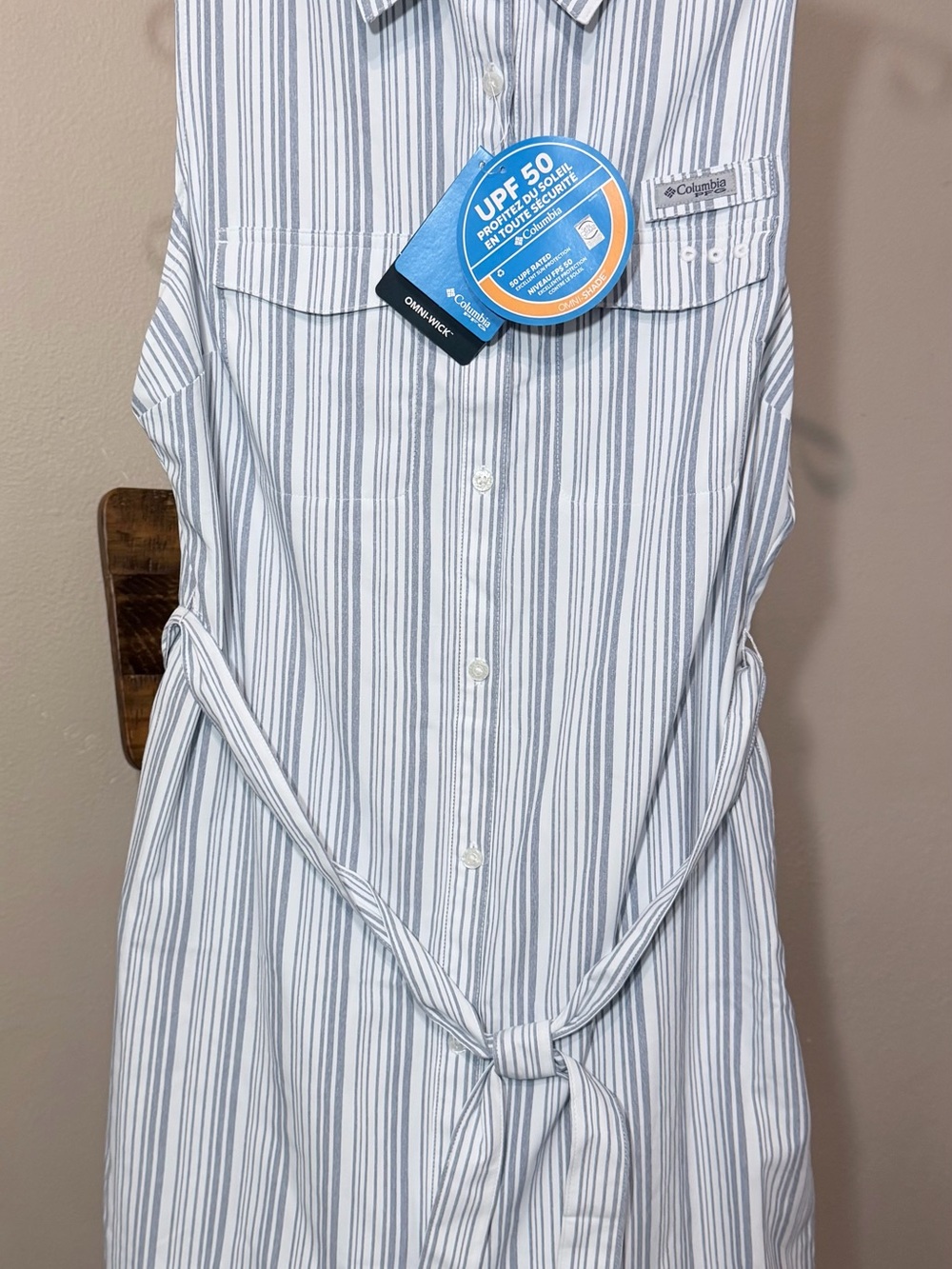 Columbia Women’s White & Gray Striped UPF 50 Button-Down Shirt Dress NWT